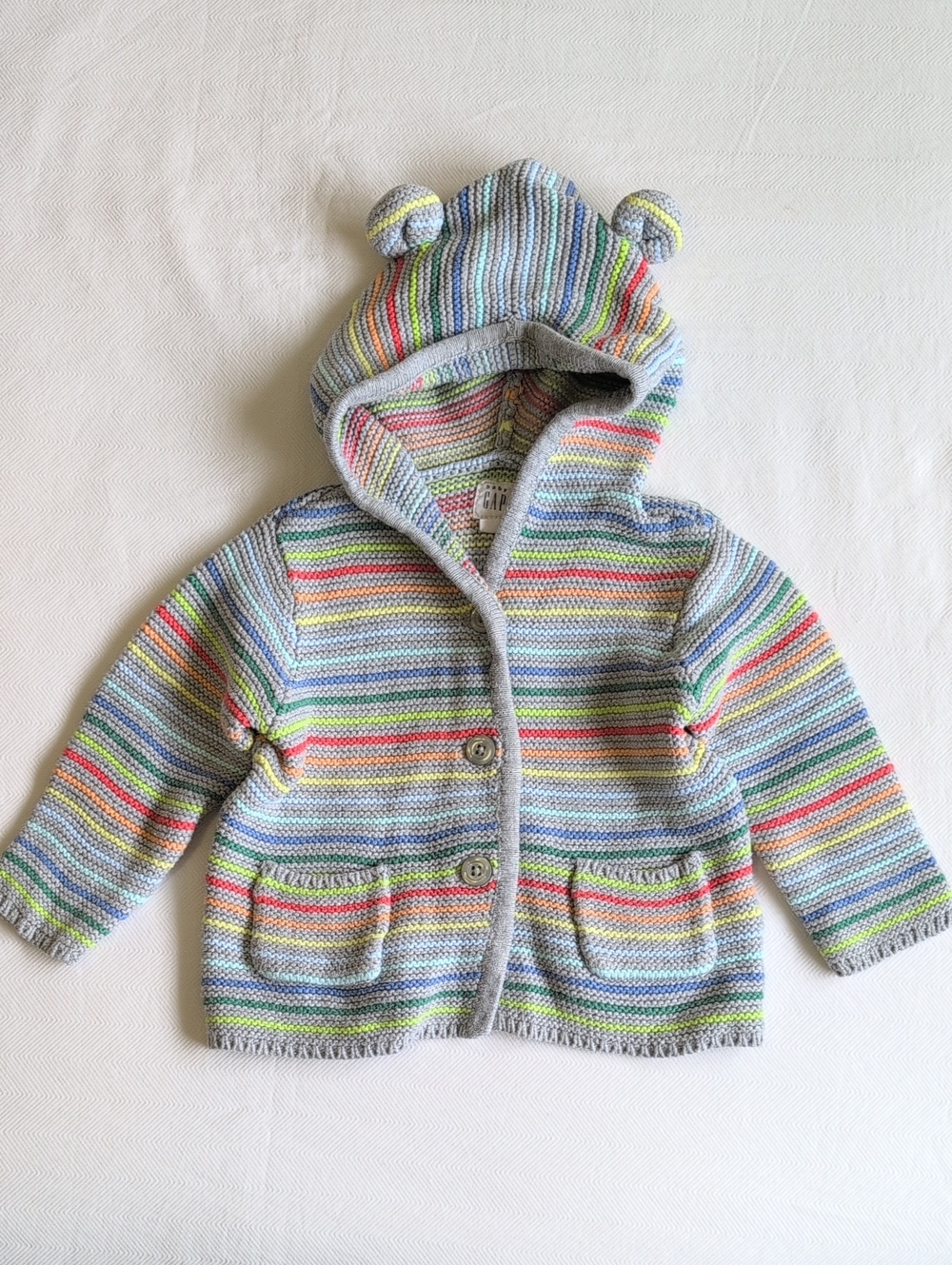 BABY GAP | Brannan Bear Ears Rainbow Stripe Knit Sweater Cardigan | 6-12M